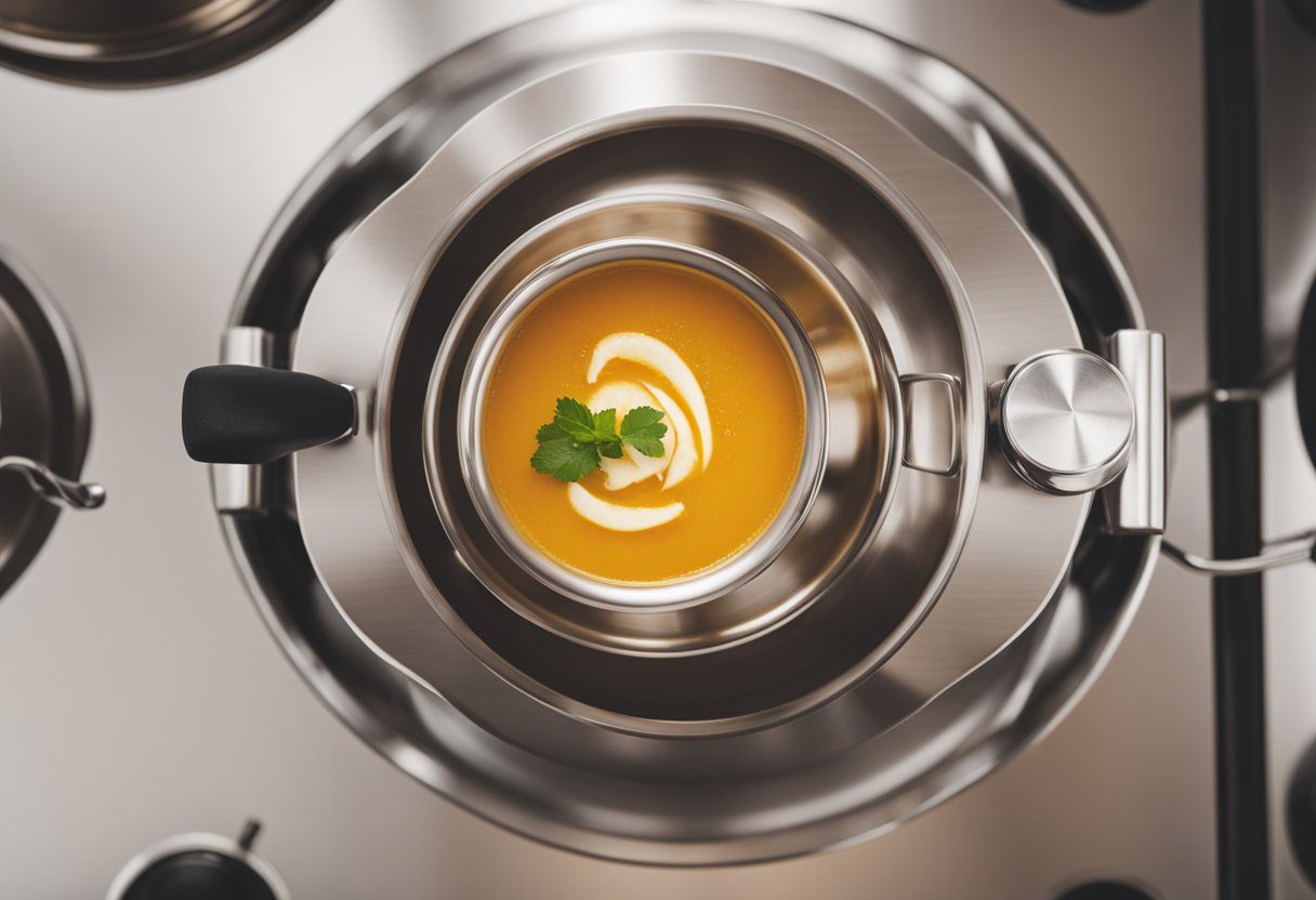 A pot of pumpkin ginger soup simmers on a stovetop. Steam rises as the ingredients blend, filling the kitchen with a warm, inviting aroma