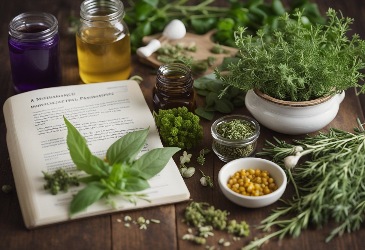 A table with various herbs and plants, labeled for miscarriage recovery and future pregnancy planning. A book on herbal remedies lies open next to the ingredients