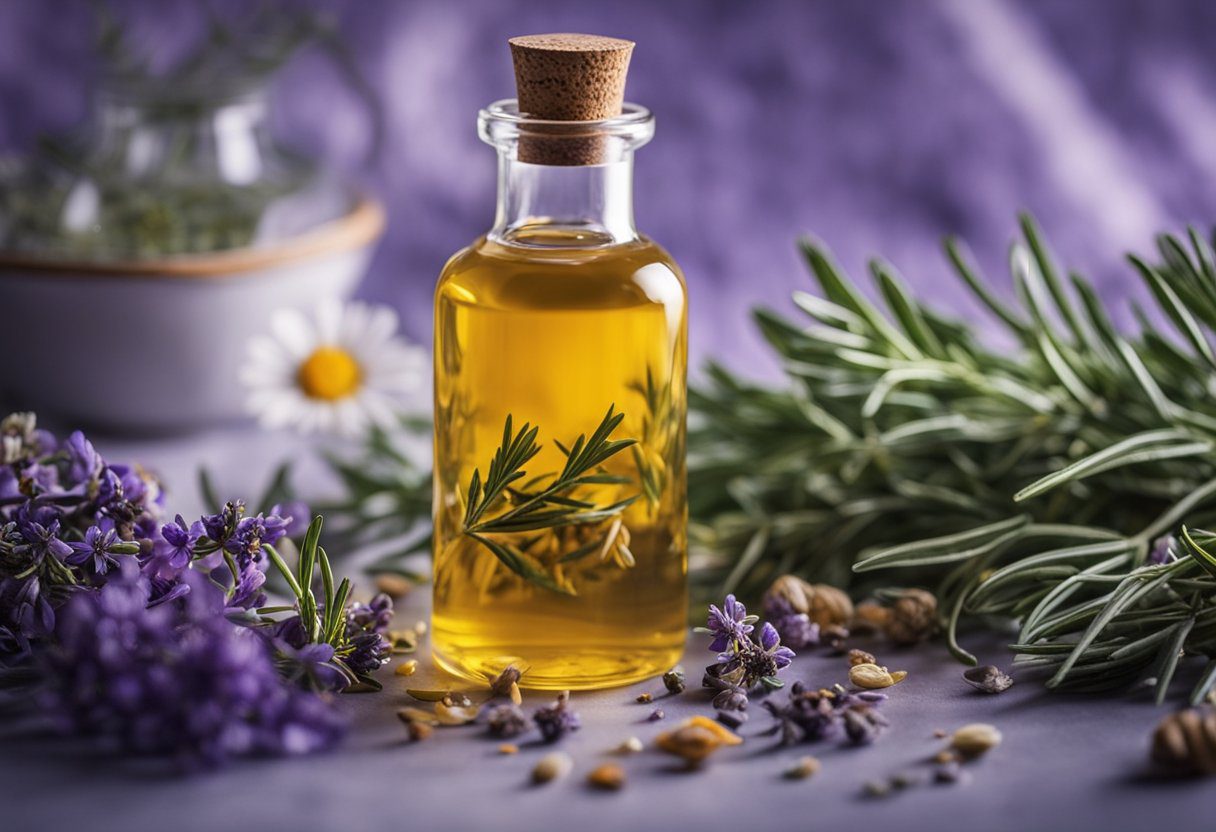 A variety of herbs and oils, such as lavender, rosemary, and calendula, are carefully blended in a glass jar, creating the perfect yoni oil potion