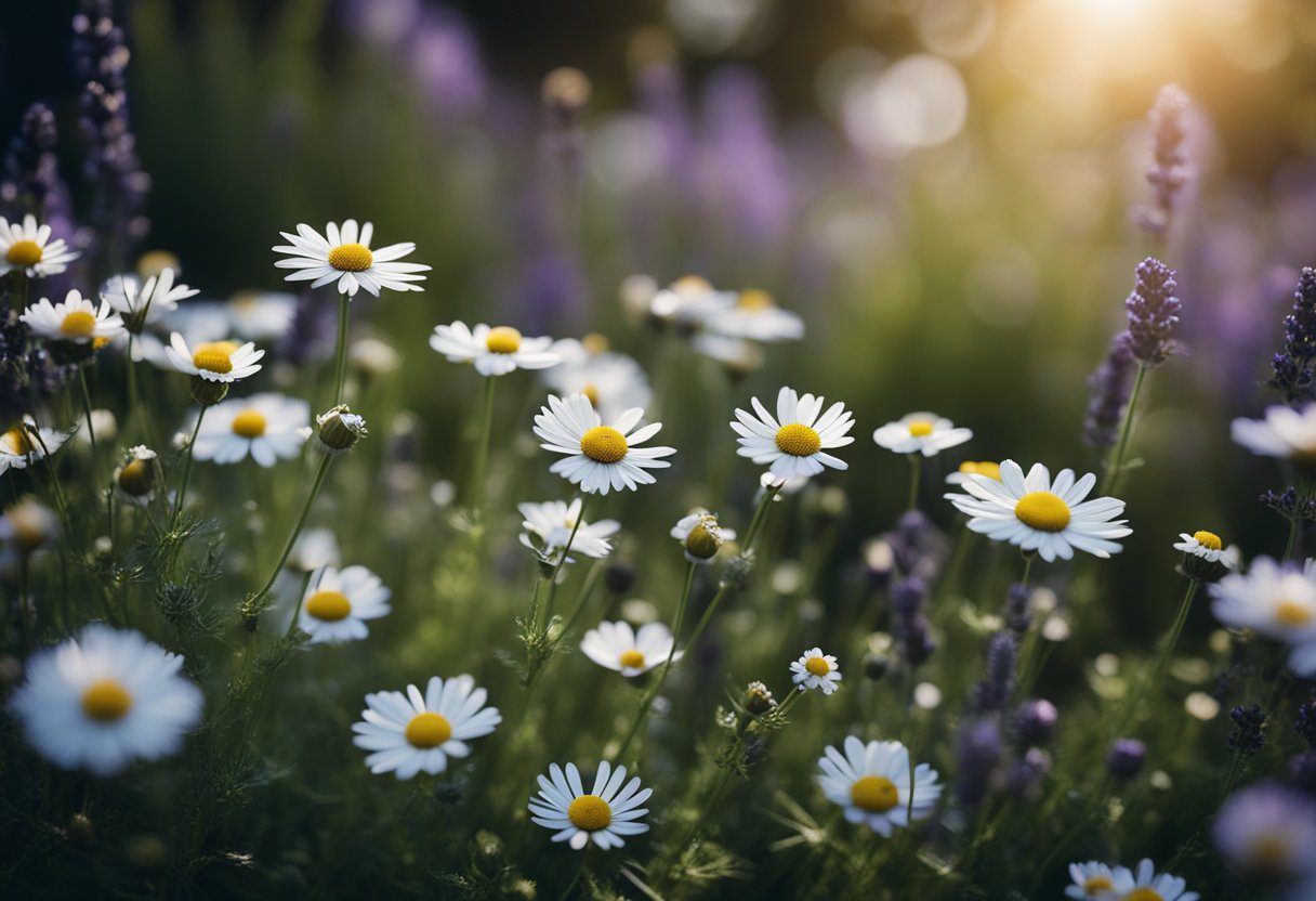 A peaceful garden with moonlit herbs, lavender, and chamomile, surrounded by calming essential oils