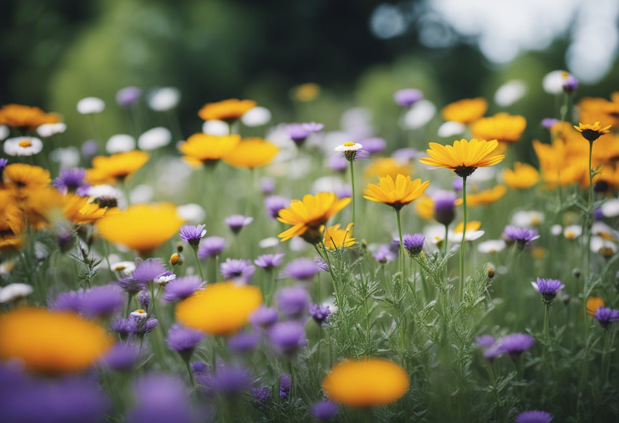 A serene garden with blooming herbs like lavender, chamomile, and calendula. A gentle breeze carries the fragrant aroma of the herbs, creating a peaceful and healing atmosphere