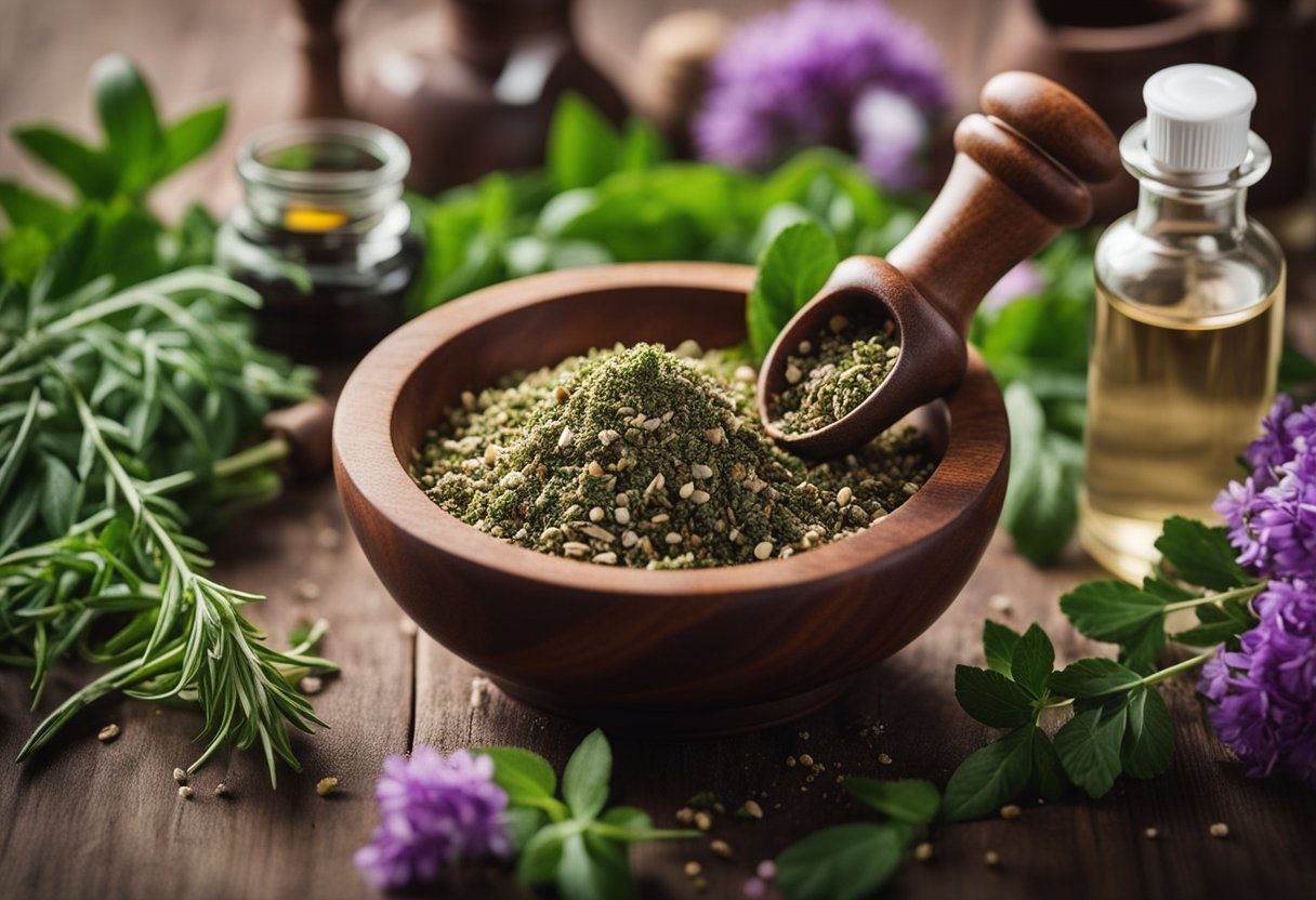 A mortar and pestle crushing herbs, a bottle of oil, and a dropper, surrounded by various herbs and flowers