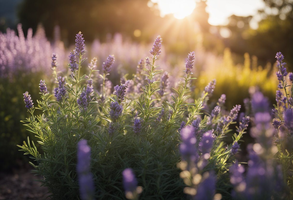 A serene garden with vibrant herbs like lavender, rosemary, and chamomile. The sun is softly shining, casting a warm glow on the plants, creating a peaceful and healing atmosphere