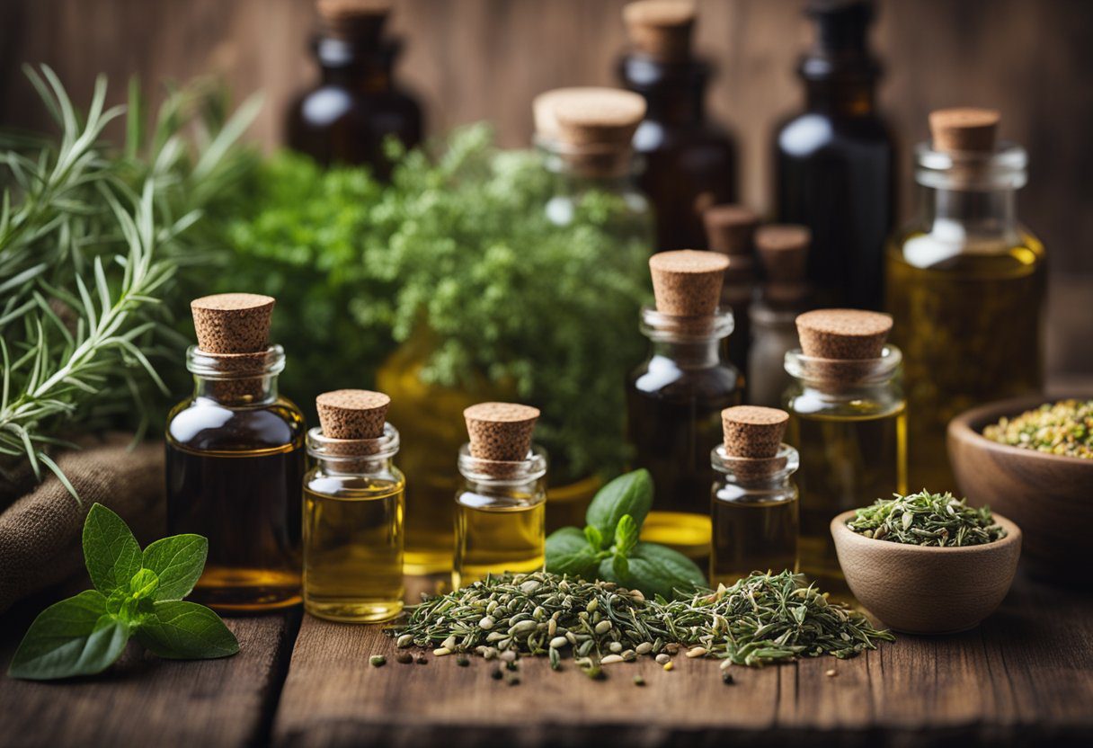 A table with various herbs and oils arranged for making D.I.Y. Yoni Oil