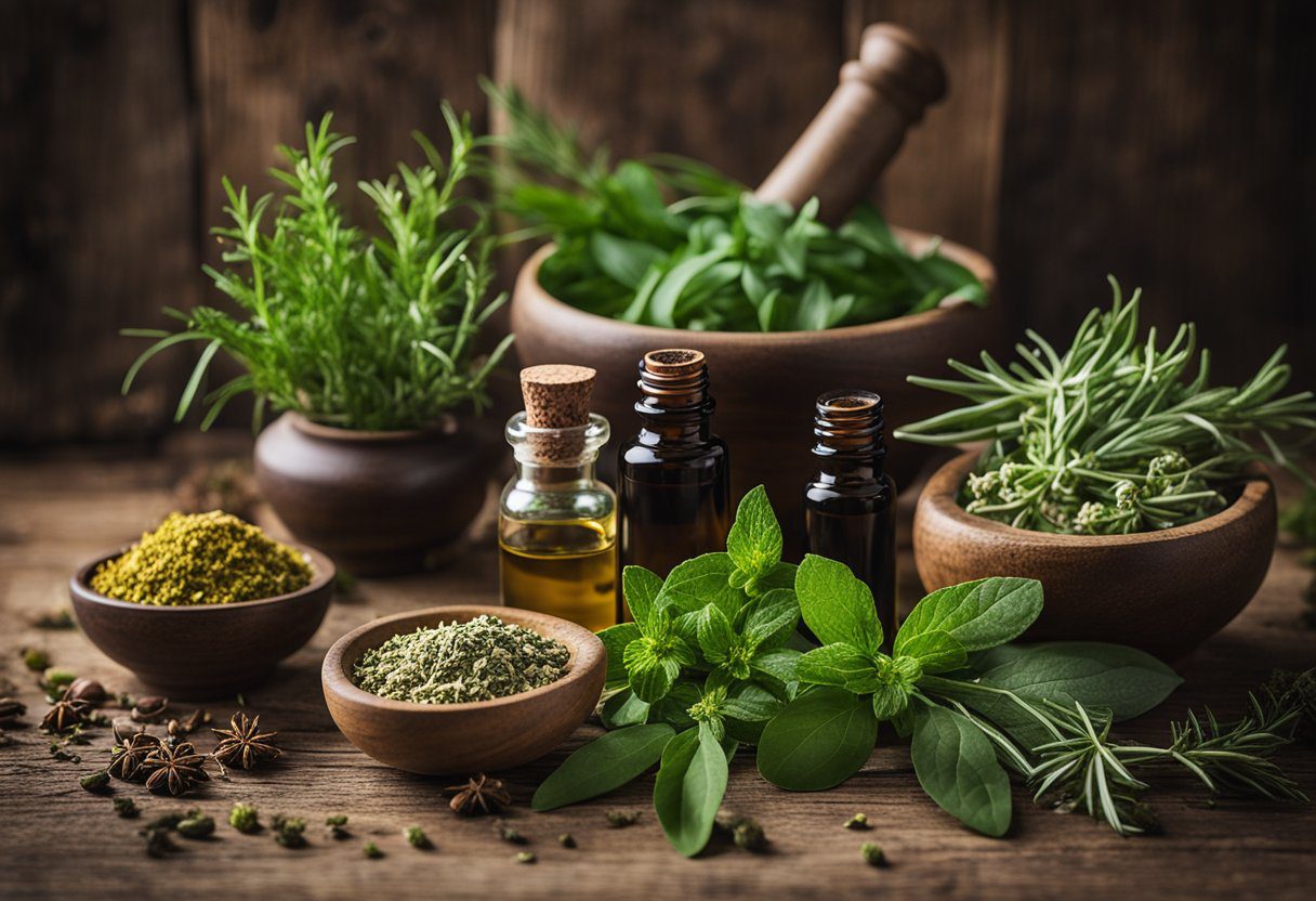 A collection of vibrant herbs and botanicals arranged on a rustic wooden table, with essential oils and a mortar and pestle nearby