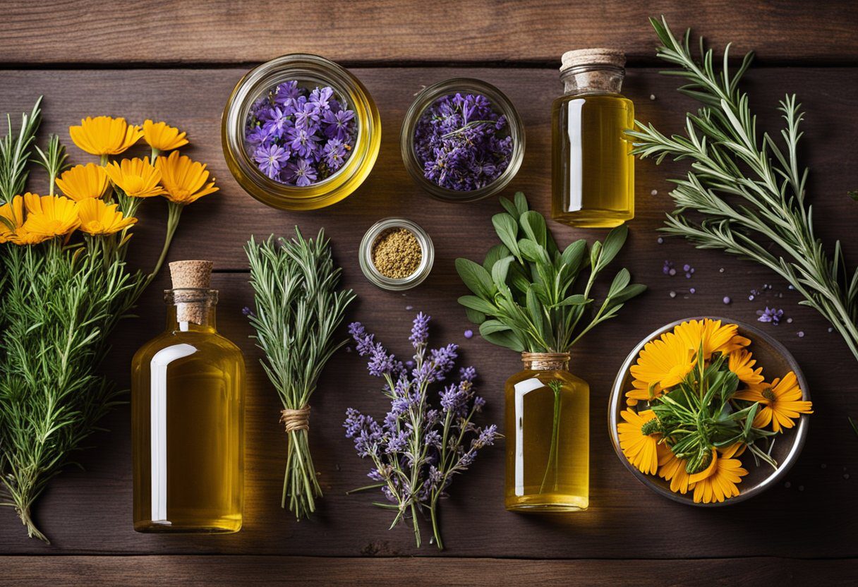 A variety of fresh herbs and flowers laid out on a wooden table, including rosemary, lavender, and calendula, with bottles of oil and jars for blending