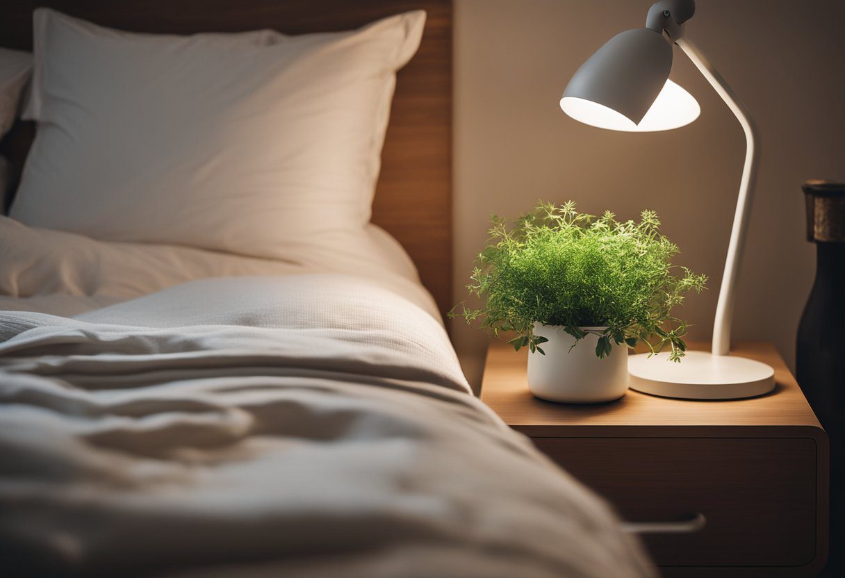 A cozy bedroom with calming herbs on a nightstand. Soft lighting and a comfortable bed create a peaceful atmosphere