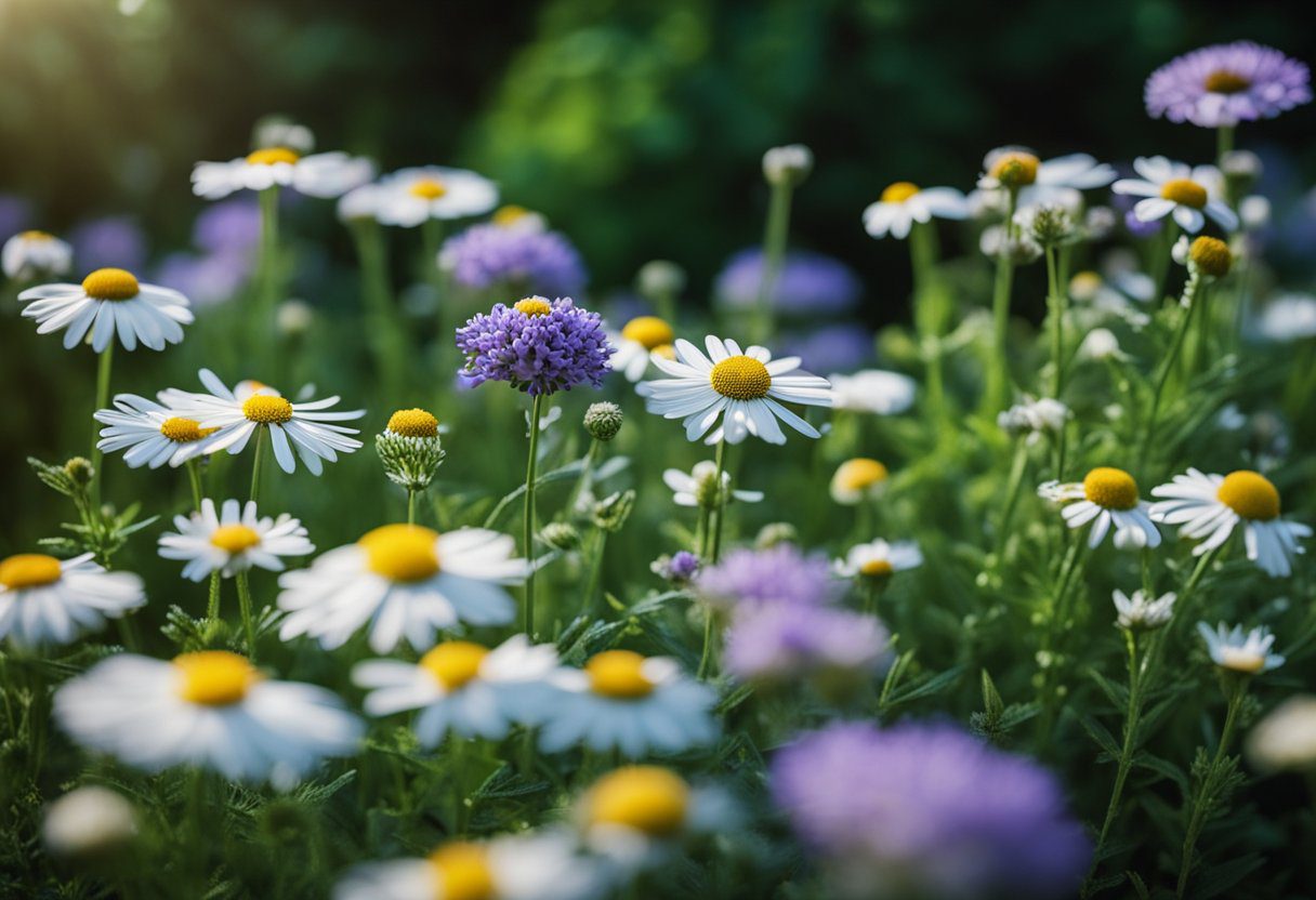 A peaceful garden with moonlight shining on various herbs like lavender, chamomile, and valerian, known for their calming properties against nightmares