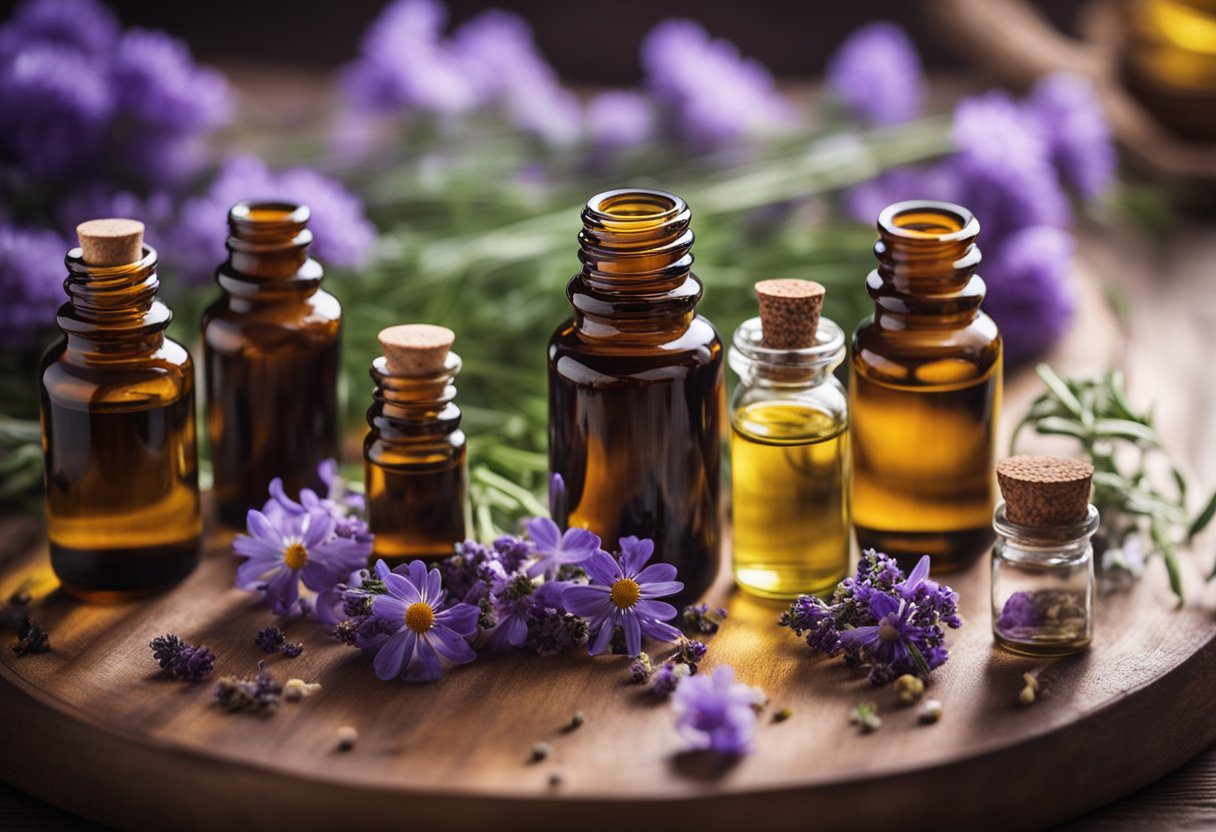 A table with various essential oils and herbs, including lavender, rose, and chamomile, displayed for making yoni oil