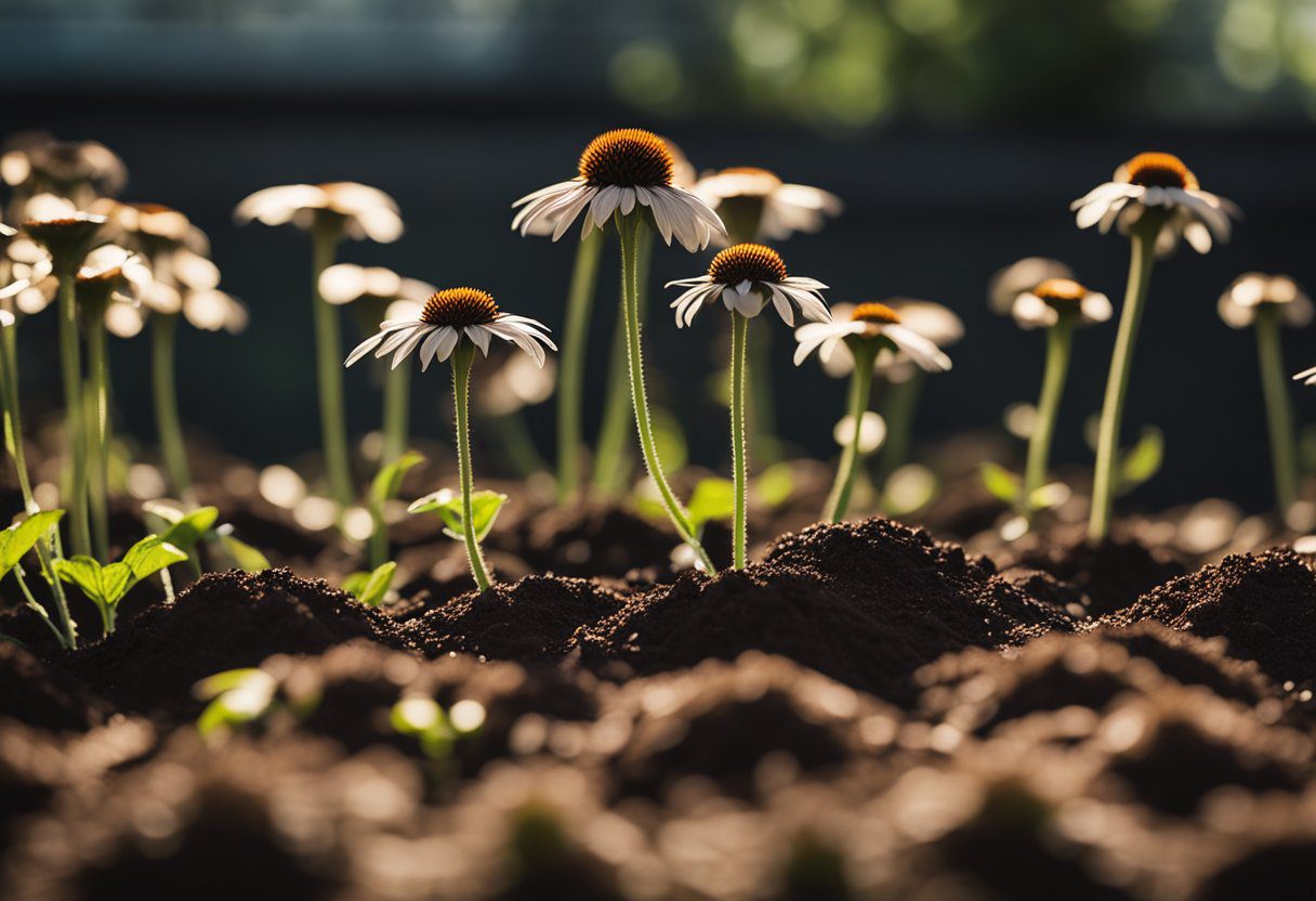 Bright sunlight filters through a greenhouse window onto rows of small, brown echinacea seeds nestled in rich, dark soil. A gentle mist from a nearby watering system keeps the environment humid and the soil moist