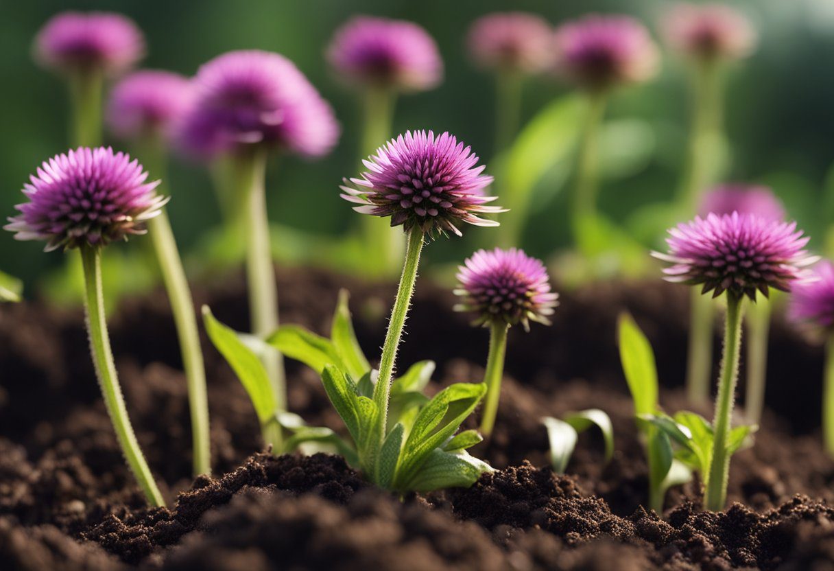 Echinacea seeds, small and oval, are being sown into rich soil. A few days later, tiny green shoots emerge, signaling the beginning of germination