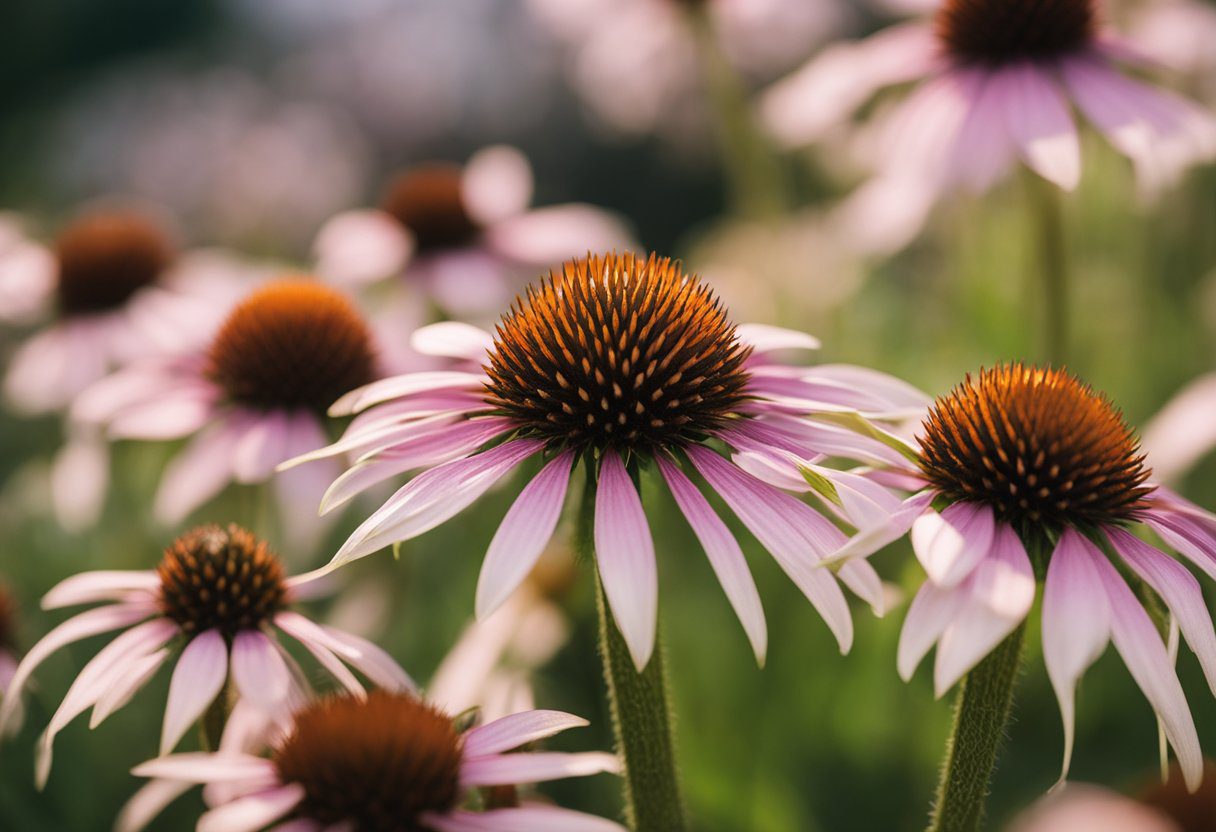 Echinacea seeds are small, dark brown or black, and have a cylindrical shape with a pointed tip. They are often clustered in the center of the flower head