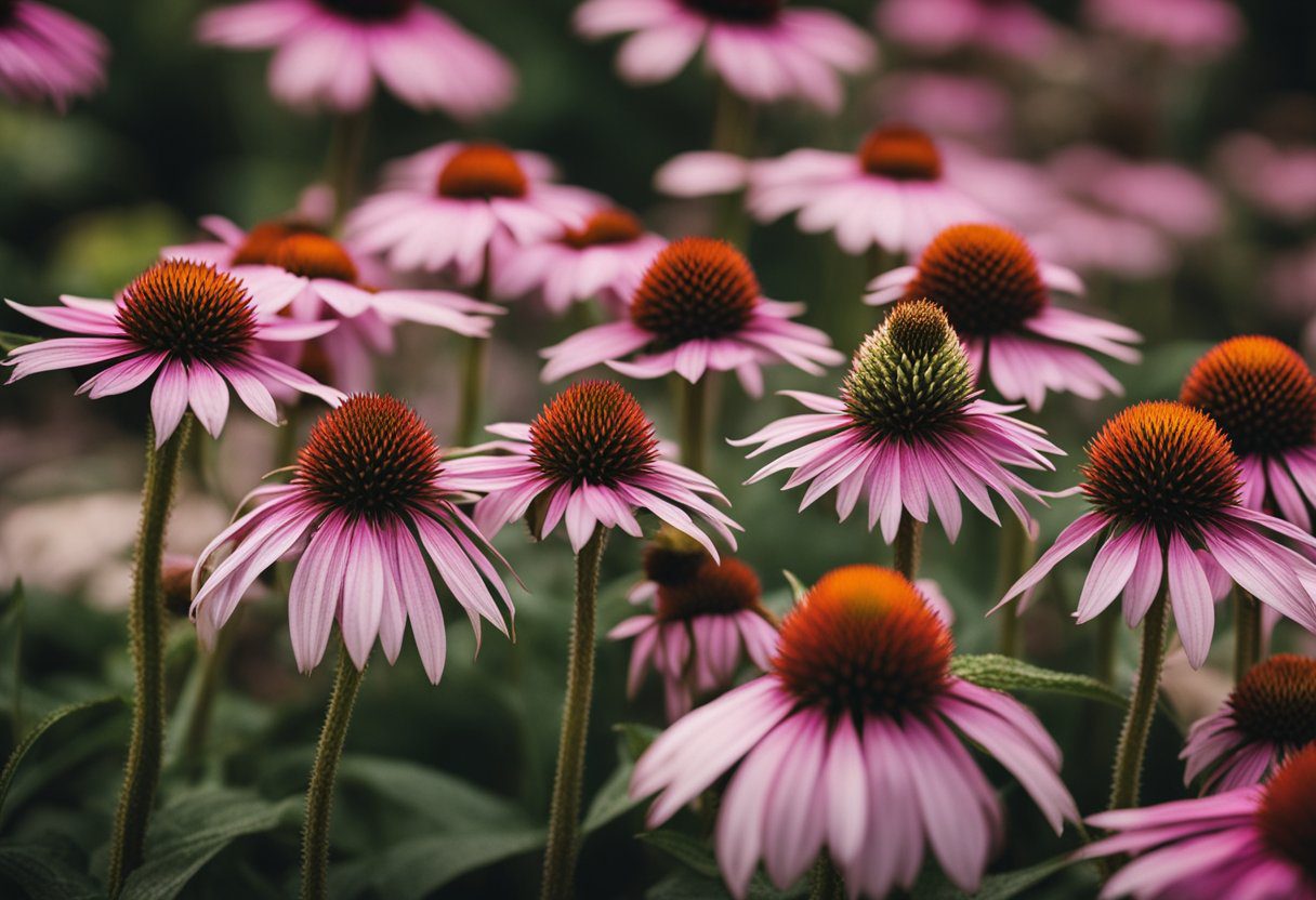 Echinacea seeds rest on a rich, dark soil. They are small and oval-shaped, with a textured surface and a light brown color. Nearby, vibrant green echinacea plants stand tall, with bright pink flowers in full bloom