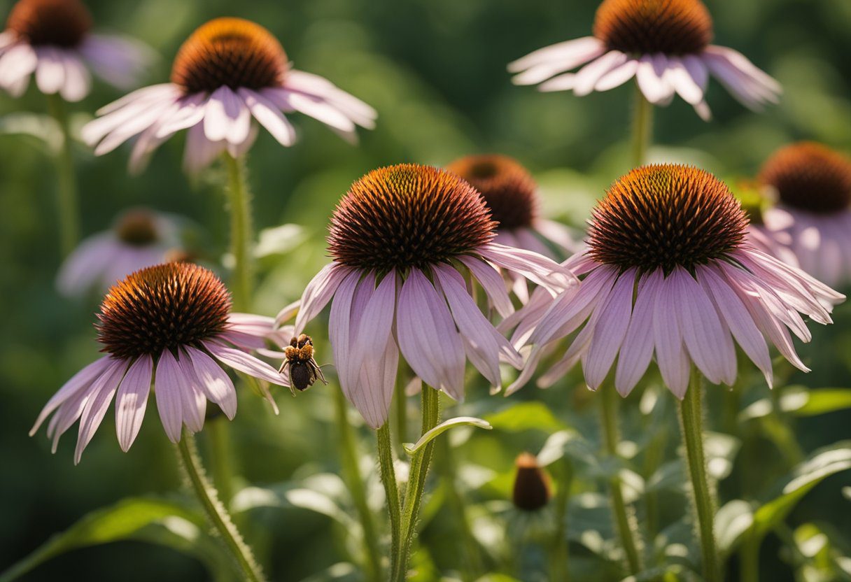 Echinacea seeds are small, oval-shaped, and dark brown. They have a slightly rough texture and are often found in clusters within the seed head