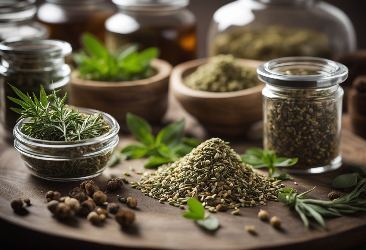 A mortar and pestle grind dried herbs. Glass jars await tincture infusion. Labels read "Herbal Sleep Tincture."