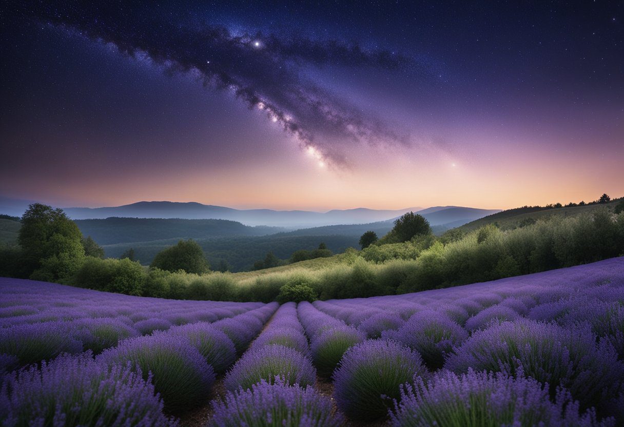 A serene night sky with a crescent moon illuminating a tranquil field of lavender, chamomile, and valerian, surrounded by a mist of herbal tinctures