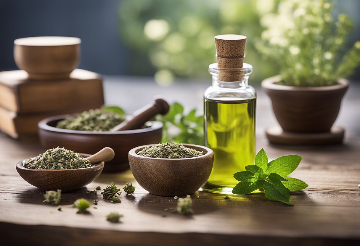 A collection of calming herbs and a mortar and pestle on a wooden table, with a bottle of homemade tincture labeled "Sleep Aid" nearby