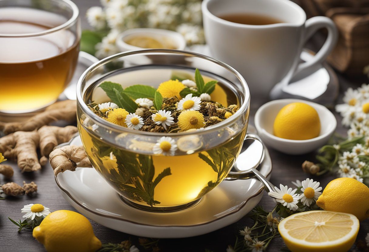 A variety of herbal tea components are arranged on a table, including lemon, ginger, and chamomile. A pH strip is placed in a cup of tea, showing a color change indicating acidity